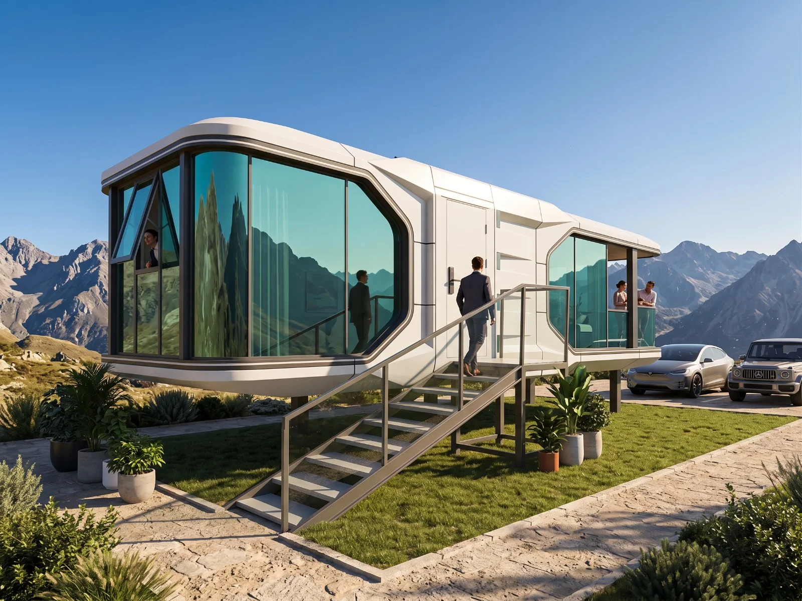 Casa Cápsula com fachada panorâmica em uma paisagem montanhosa