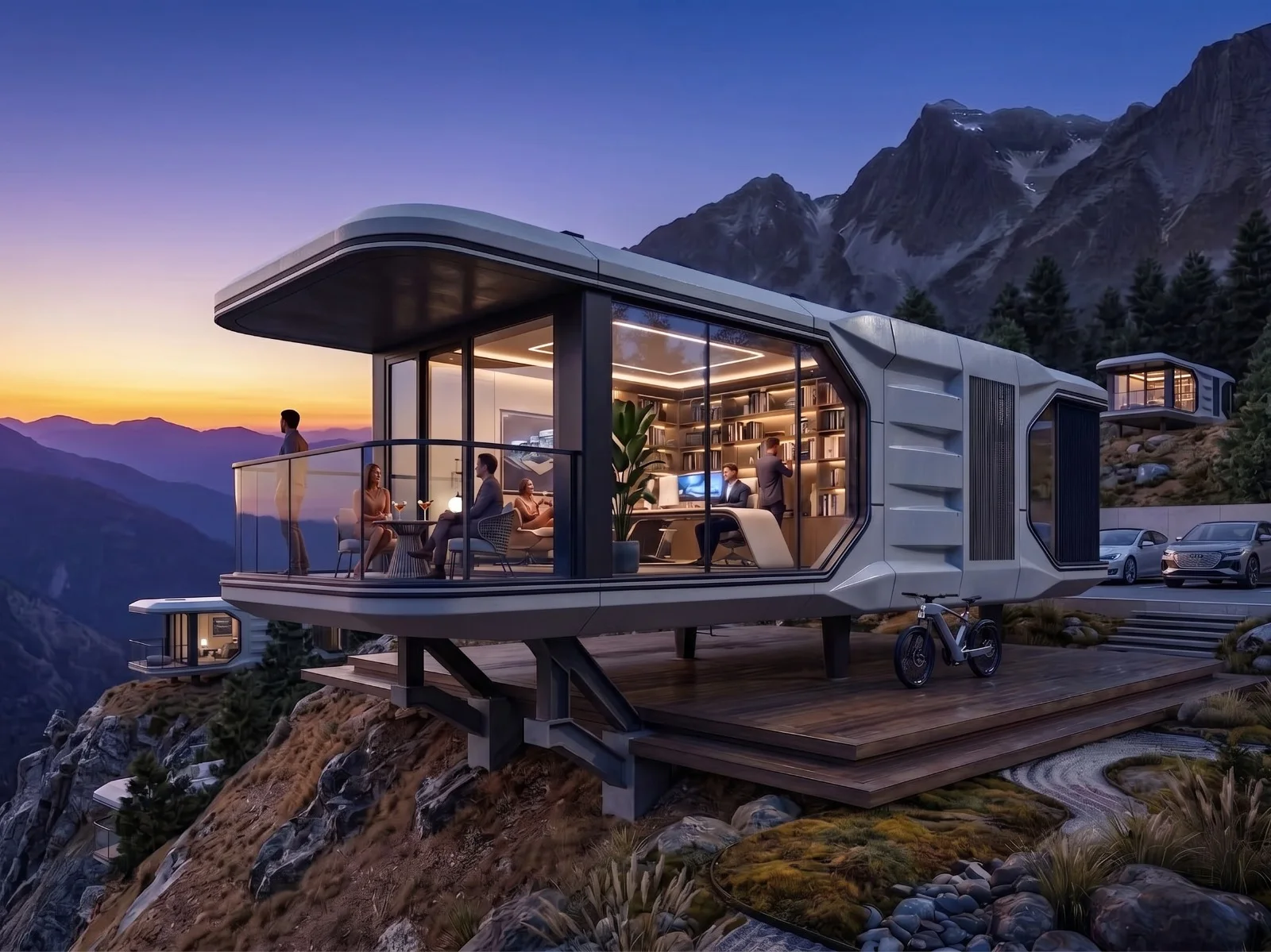 Casa Cápsula iluminada em uma paisagem montanhosa ao entardecer