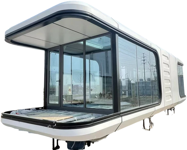 Modelo E8 da Casa Cápsula em acabamento branco e fachada envidraçada