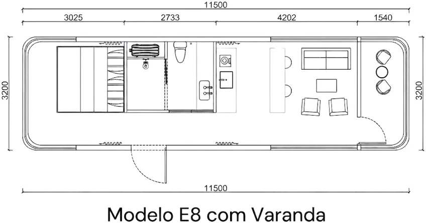 Planta do modelo E8 com varanda, com 11,50 metros por 3,20 metros