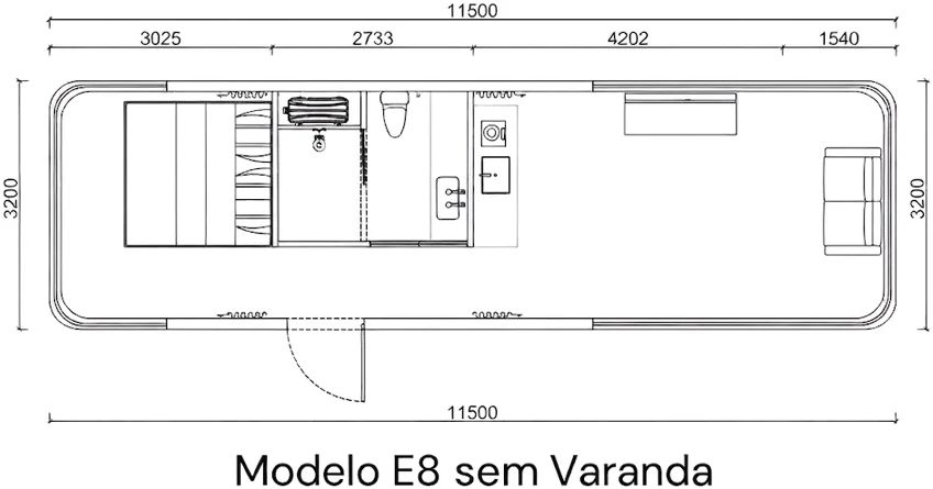 Planta do modelo E8 sem varanda, com 11,50 metros por 3,20 metros